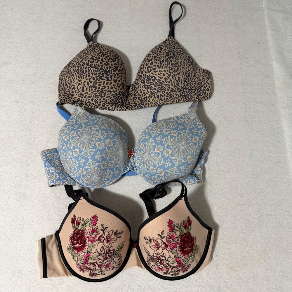 3 pc Bra lot Soma & Victoria Secret 36D Full Coverage Leopard Floral Blue
